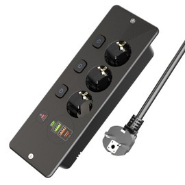 3-Way Installation Power Strip with 2 USB A and 2 USB C, Built-in Socket, Multiple Socket with Individual Switch, Furniture Socket with Surge Protection for Home and Office Table Top, Black