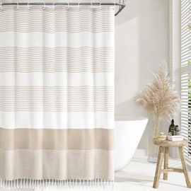 Awellife Awellife Boho Beige Shower Curtain for Bathroom Extra Long Cotton Stripe Tassel Shower Curtain 72 X 84 Inches Natural Texture