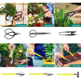 MOSFiATA Bonsai Tools Set 13 Pcs High Carbon Steel Succulent Gardening Trimming Tools Set Include Pruning Shears, Scissors, Mini Rake, Round and Pointed Shovel &Training Wire in PU Leather Bag