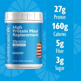 Celebrate Vitamins High Protein Meal Replacement Shake, 27 g Protein Powder, 5 g of Fiber, For Post-Bariatric Surgery Patients, Bananaberry, 15 servings