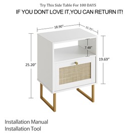 Masupu Extra Large Rattan Nightstand,Boho Night Stand Modern Farmhouse Wood Bedside Table with Storage Drawer and Open Shelf,Side End Table for Bedroom,Living Room,Office White