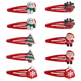 10pcs Christmas Hair Clips, Red Hairclips Cute Santa Clause Reindeer Snowman Hair Barrettes Metal Snap Hairclips Christmas Accessories Stocking Stuffers Gifts for Girls Toddlers Kids