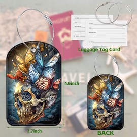 2 Pack PU Luggage Tags for Suitcase, Skull and Butterflies Suitcase Tag Leather ID Label Bag Tags with Privacy Cover and Metal Loop for Men Women Travel Bag Suitcase