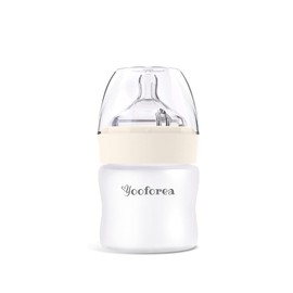 Yooforea Silicone Coated Glass Baby Bottle, 0M+ Slow Flow Nipple I Anti-Colic, Wide Neck, Stable Base I Medical-Grade Silicone Coating for Shatter Protection, BPA BPS PVC Free (3 Ounce-Cream)
