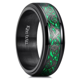 King Will Mens Spinner 8mm Stainless Steel Ring Anxiety Fidget Ring Black Celtic Dragon Green Carbon Fiber Inlay Fidget Wedding Ring 11
