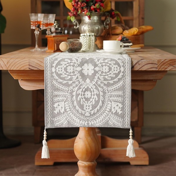 Artbloss Embroidered Table Runner Boho Farmhouse Dresser Scarf Macrame Rustic
