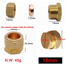 Brass Tube Compression Fitting, Compression Stop End Cap Copper Compression Sleeves Ferrule Fitting to Ending Brass Pipe (16mm)