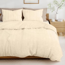 Beige Duvet Cover Queen Size, Seersucker 3 Pieces Bedding Set, Includes 1 Duvet Cover 90x90 Inches and 2 Pillowcases 20x26 Inches