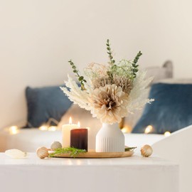 Mkono Mkono Small Artificial Flowers in Ceramic Vase 13.5" Centerpieces Coffee Table Decor, Silk Flower Arrangements for Home Decor Indoor Fake Flower Bouquet for Dining Room Kitchen Wedding Brown