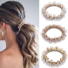 Generse Rhinestone Hair Scrunchies Ponytail Holder Beads Set Elastic Hair Bands Hair Accessories for Women and Girls (3 Pieces)
