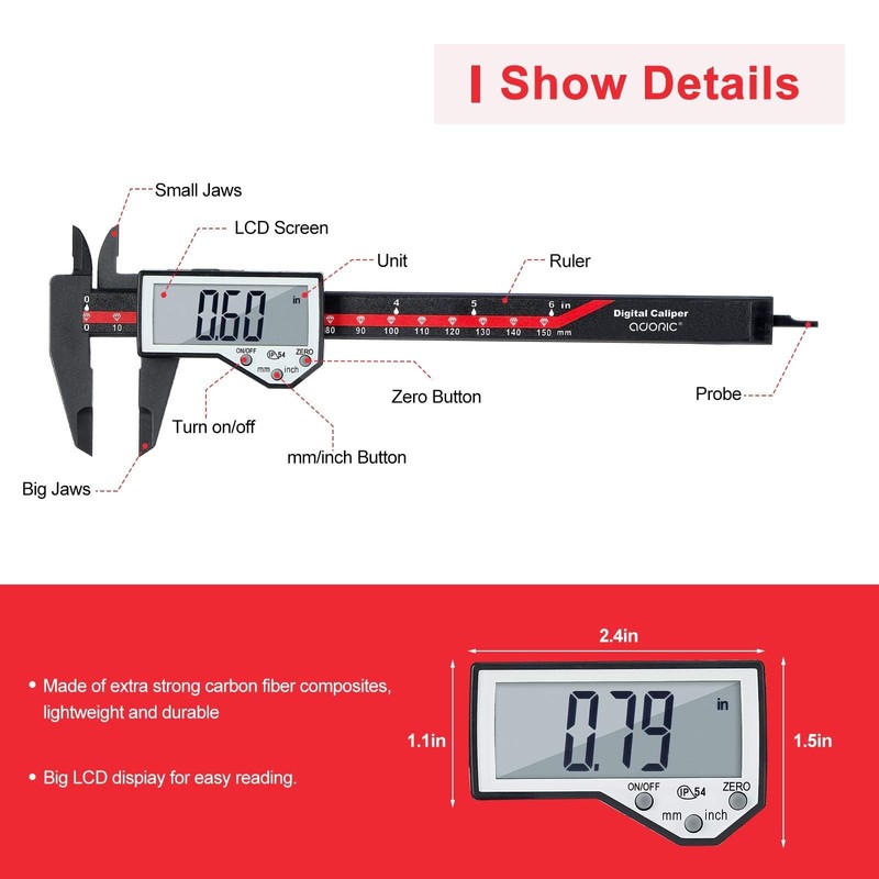 Digital Caliper, 0-6" Electronic Caliper Auto - Off Feature with