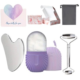 Herramientas de masaje facial: tabla y rodillo gua sha, soporte de hielo de silicona: reutilizable, bonita caja de regalo, no necesita electricidad, fácil de completar el cuidado facial (púrpura)
