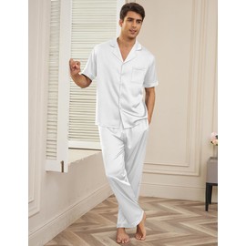 Ekouaer Men Satin Silk Pajamas Set 2 Piece Button Down Sleepwear Long Pants Loungewear with Pockets White