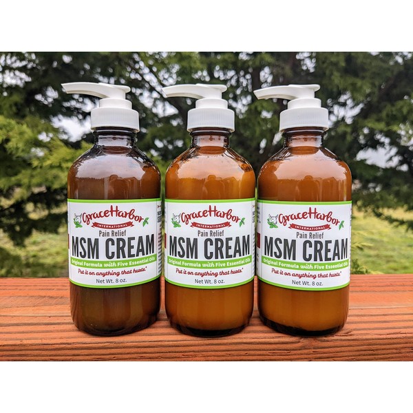 Three 8 Ounce Bottles MSM Cream, (All Regular with Five Essential Oils)