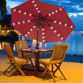 Burgundy Color Patio Umbrella with Solar Lights Premium Aluminum Black Pole Durable Hard Solid Fe-Rib 32 LED Waterproof Breathable Fabric Octagonal Shape Crank Lift Water UV Rust Resistant Maroon Red