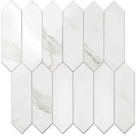 Vamos Tile Glossy White Marble Backsplash Tile Peel and Stick, 12.8 x 12.8 Inch 10 Sheets Long Hexagon PVC Self Adhesive Mosaic Wall Tiles Stick on Backsplash for Kitchen and Bathroom
