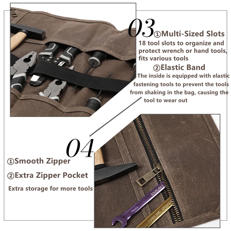 Canva Tool Roll, Heavy Duty 16oz Waxed Canvas Tool Roll