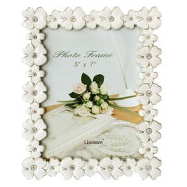 Licotom Metal Picture Frame Silver Plated with Ivory White Enamel and Crystals, Lovely Flowers Photo Frame 5x7 inch