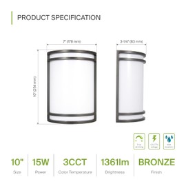 ASD 10 Inch LED Outdoor Wall Light - 15W 120-277V Oil Rubbed Bronze Modern Wall Sconces - 3000K 4000K 5000K Dimmable Patio & Porch Decor Outside Lights for House - ETL