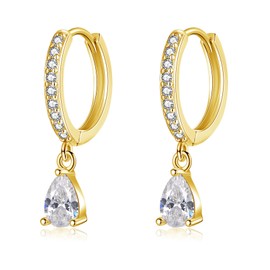 Cangall Silver Drop Hoop Earrings for Women, 925 Sterling Silver Hoop Earrings with Teardrop Dangling, Hypoallergenic CZ Cute Cartilage Earrings Gold Sleeper Teardrop Drop Hoop Earrings Dangle Gold