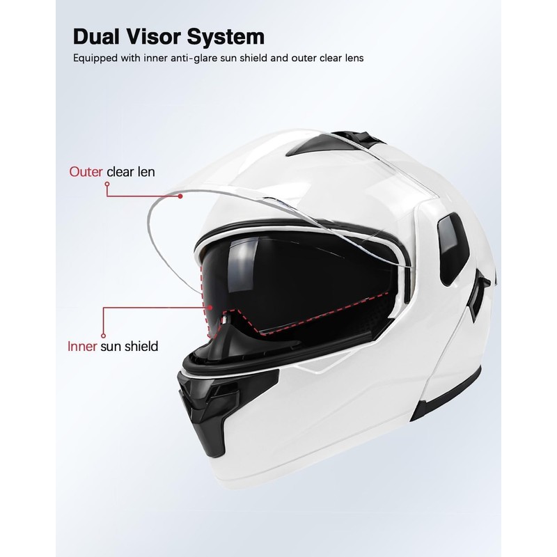 TTMiku Pearl White Motorcycle Dual Visor Flip Up Modualr Full