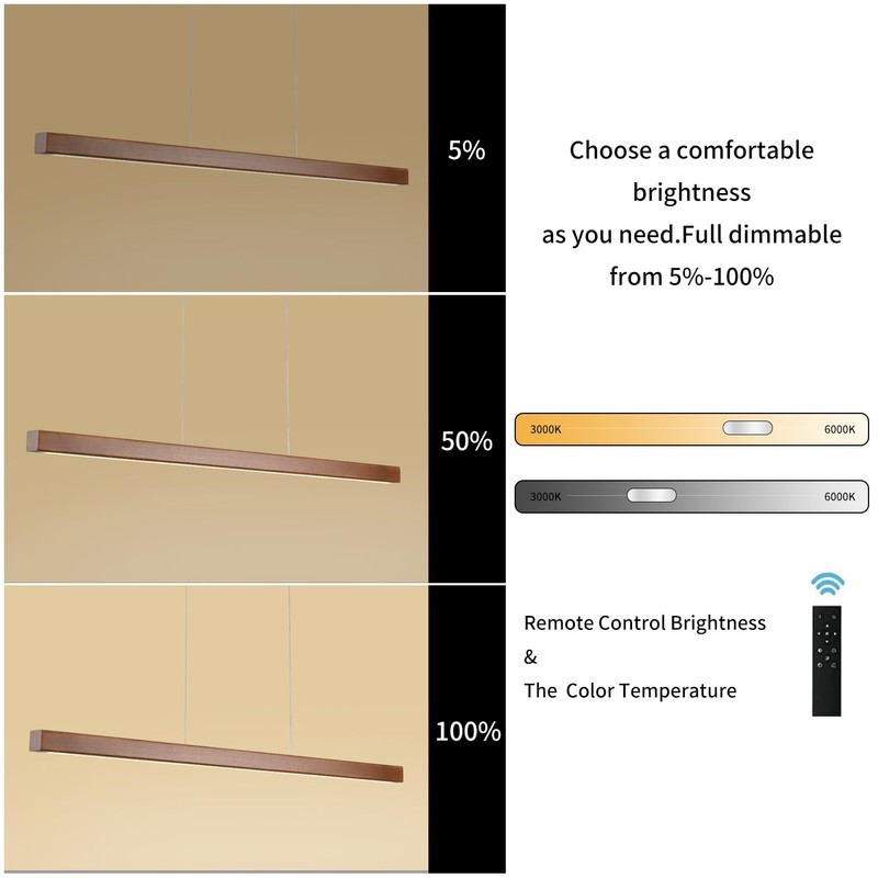 31.5" Wood Linear Pendant Light – Dimmable LED Chandelier with