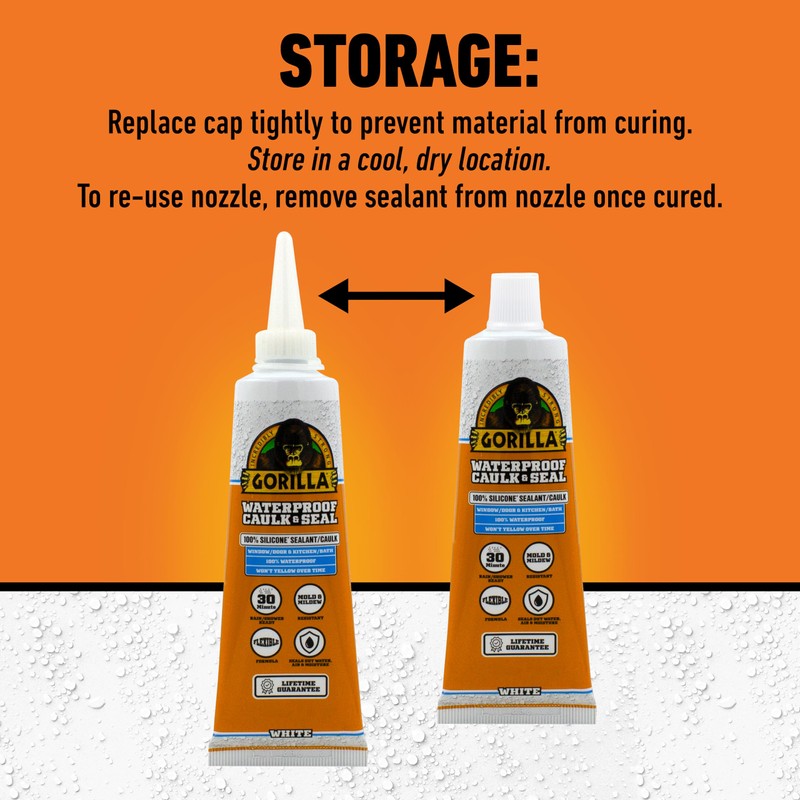 Gorilla Waterproof Caulk & Seal Silicone Sealant, 2.8oz Squeeze Tube