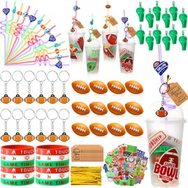 Weysat 184 Pcs Football Party Favors, Football Party Supplies with Cup Straw Stress Ball Keychain Sticker Bracelet Whistle Thank You Tags for Kids Football Birthday Decorations (Football)