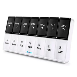 Portabs Pastillero Semanal 2 Tomas Diarias Día y Noche | 14 Compartimentos Desmontables con Cierre Seguro | Blanco y Negro | Portátil y Visual