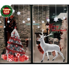 Yuson Girl Large Reusable Merry Christmas Tree Reindeer Wall Window Stickers Door Cover Window Clings Removable Wall Decal Mural Stickers for Xmas Home Shop Store Display Decorations