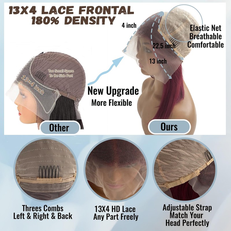 99J Burgundy Lace Front Wigs Human Hair Reddish Brown 13x4