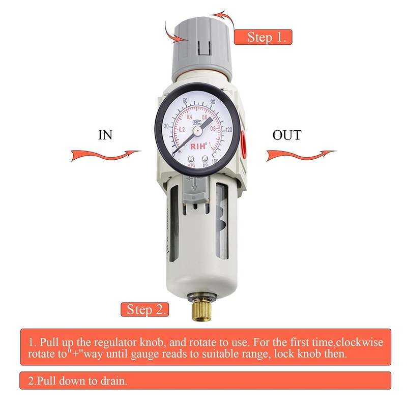 RIH Pneumatics 1/2"NPT Air Filter Pressure Regulator Combo Piggyback, 5
