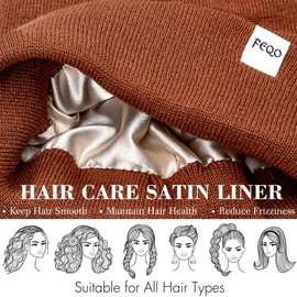 FEQO 4 Pack Satin Lined Winter Beanie Hats Soft Silk Lined Beanies Knit Warm Cuffed Hats for Women Men(Navy Blue, Black, Dark Gray, Caramel)