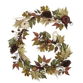 Valery Madelyn 6 Feet Fall Garland with Maple Leaves White Pumpkin Pine Cone Berries, Hanging Artificial Autumn Garland for Thanksgiving Decor Mantle Wedding Party Outdoor Home Fireplace