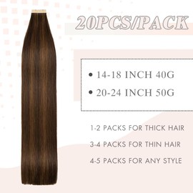 YDDM Tape-In Real Hair Extensions, 20 Pieces, 50 cm, 50 g, Invisible Tape Extensions, Real Hair Tape Extensions, Skin Weft Hair Extensions (20 Inches, P2/6#)