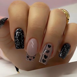 Black Heart Press on Nails Medium Square Fake Nails Black French Tip False Nails Valentine’s Day Glue on Nails Cute Stick on Nails Square Medium Black Valentines Heart Artificial Nails for Women Girl