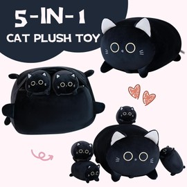 Gudisi Black Cat Plush Stuffed Animals with 4 Kitties Plushies,16" Soft Jumbo Pillow Gifts for Kids Him Her Girlfriend Boyfriend