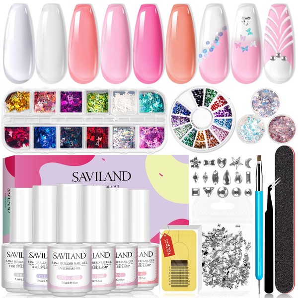 Saviland 5 in 1 Builder Base Strengthening Gel Nail Kit - 6 Colours Builder Gel Kit with Clear, Naked, Pink All-in-1 Kit for Nail Extension, Repair, Nail Art for Nail Studio & DIY