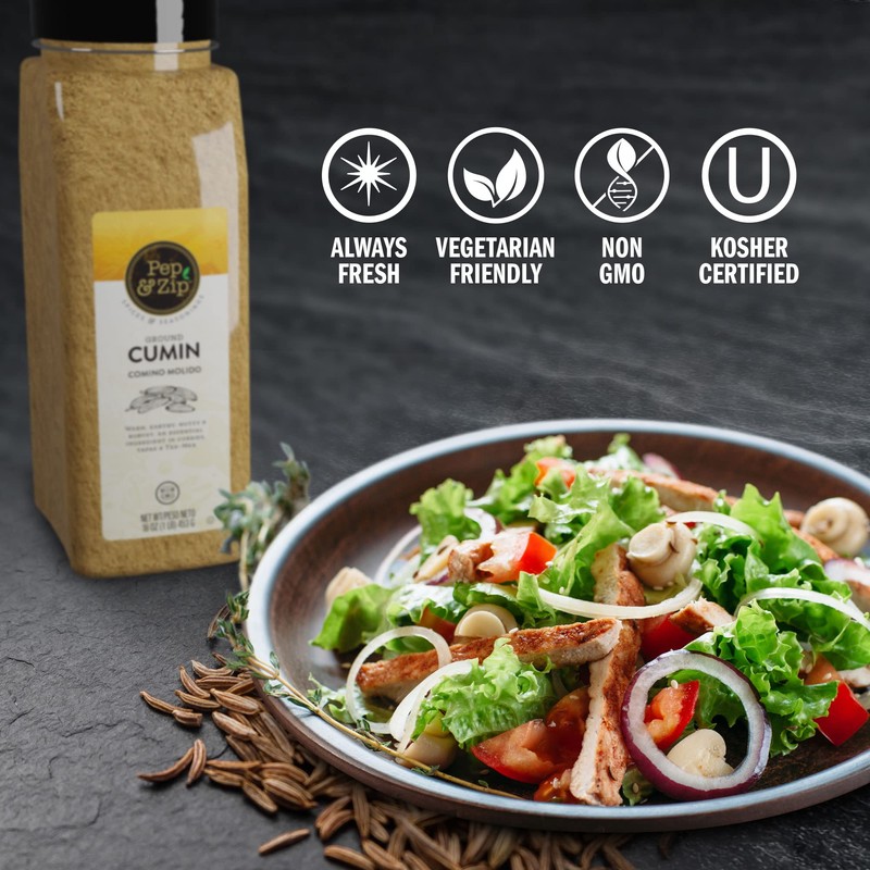 Pep and Zip Ground Cumin/Comino Molido, Non-GMO, Kosher, 16oz