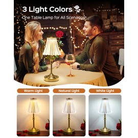 JACKYLED Vintage Cordless Table Lamp, Acrylic Crystal Flower Lamp Shade, 3 Colors Dimmable LED Golden Lamp, 5400mAh Battery Operated Rechargeable Lamp for Kitchen Counter Home Decor