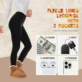 Women High Waist Thermal Leggings with Pocket Polyester Warm Winter Fleece Lined Yoga Workout Hiking Running Casual Leggings(Large/Extra Large, Wine)