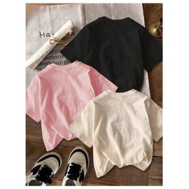 RoseSeek Girl's Bow Cherry Graphic Tees Short Sleeve Crewneck Cute T Shirts Tops for Teens Summer Tops Beige Pink Black 10 Years