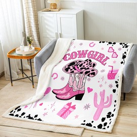 Pink Cowgirl Plush Blanket,Milk Cow Print Cowboy Hat Boots Cactus Bed Blanket Home Decor Gift,Stars Horseshoes Western Rodeo Modern Style Fuzzy Blanket Office Chair, X Size (40 x 50 Inch)