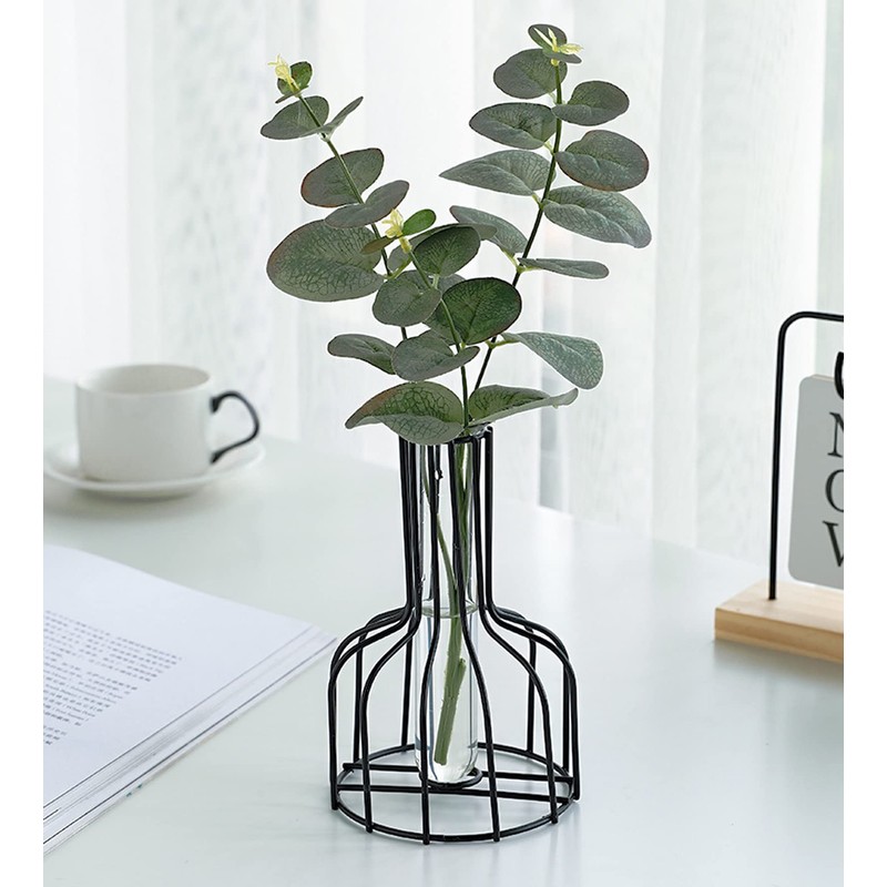 2 Pcs Black Flower Vase with Metal Frame, Clear Glass