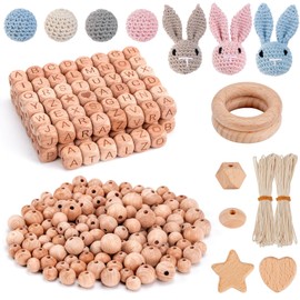 Wooden Beads Wooden Rings Set, Beech Wood Beads Make Yourself, 233 Pieces, Letters Crochet Wood Beads, Natural, Round Wooden Balls with Hole for Crafts, DIY Macrame Accessories