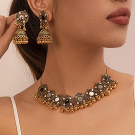 Chargances Indian Bollywood Traditional Necklace Vintage Ethnic Bell Beaded Choker Jhumka Jhumk Collar Jewerly for Women (Gold)
