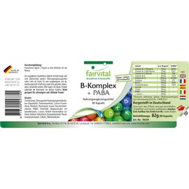 Fairvital Vitamin B Complex Forte + PABA - 500 μg Vitamin B12 - with All B Vitamins (B1, B2, B3, B5, B6, B7, B9, B12) High Dose - Vegan - 90 Capsules