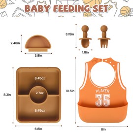 PHEENOWL Baby Feeding Set - 100% Silicone, Basketball Theme Divided Design Suction Plate with Lid, Baby Bibs, Spoons & Forks | Baby Led Weaning Supplies