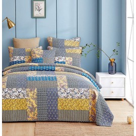 DaDa Bedding Honey Cove Patchwork Bedspread - Cotton Floral Paisley Garden Reversible Quilted Spread Set - Country Cottage Multi-Colorful Yellow Navy Blue - Queen Size - 3-Pieces