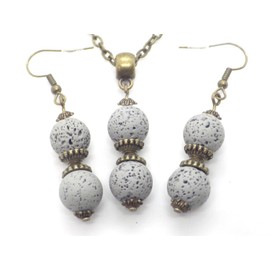 Set of Earrings and Necklace in Bronze with Pendant of Gray Lava Stone Beads and Tibetan Beads